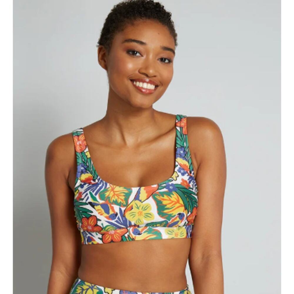 ModCloth Small Crop Bikini Top Swimwear Green Floral Jungle Parrot Keyhole